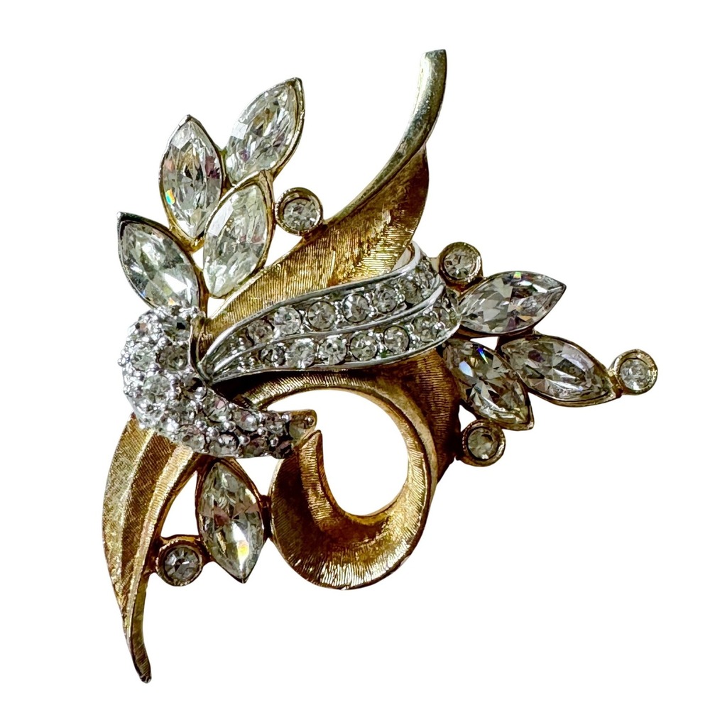 Vintage Rhinestone Brooch Gold Tone Floral Swirl Pin‎ Women's Jewelry Accessory